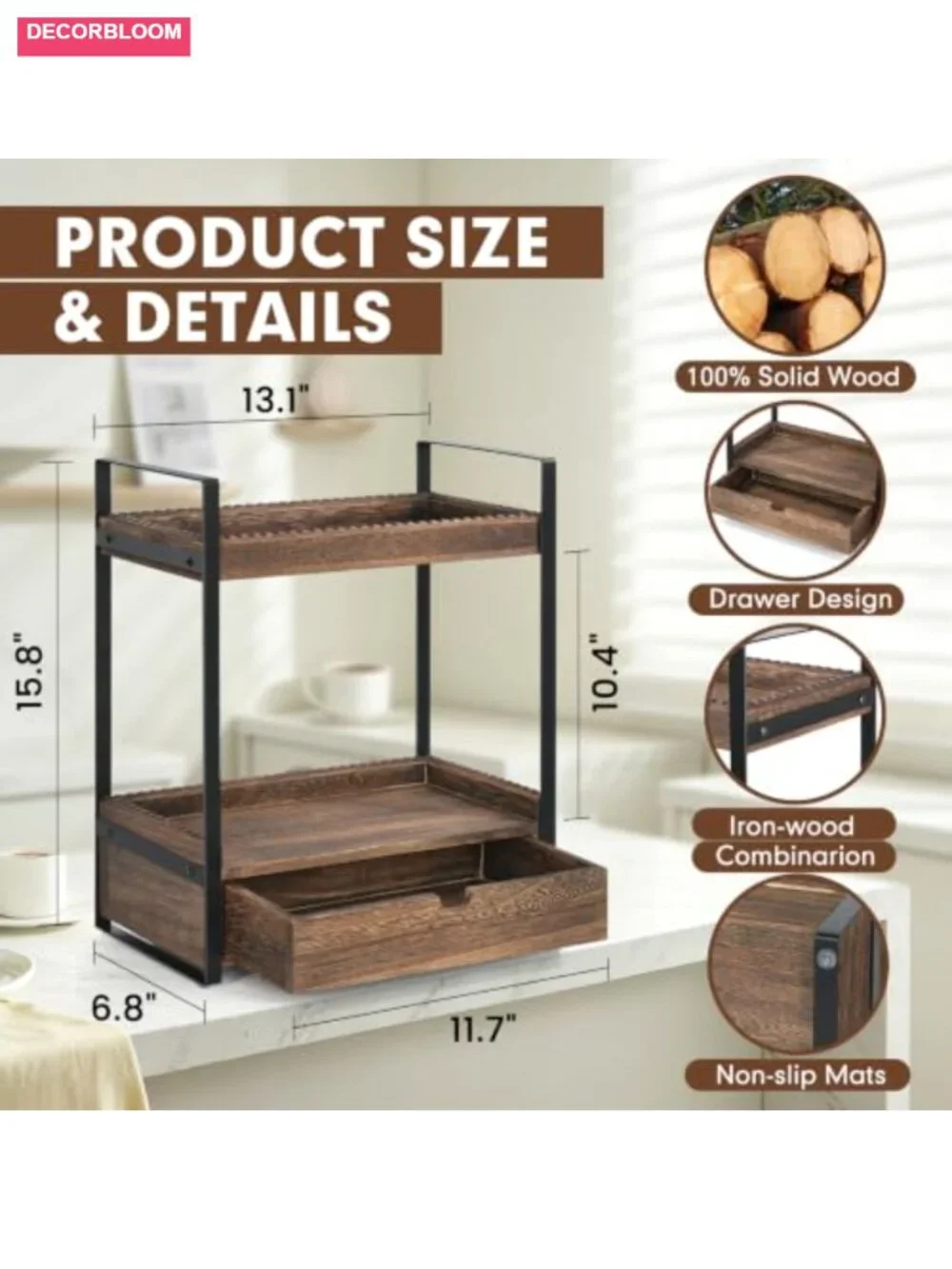2-Tier Wood Coffee Station Organizer with Drawer Kitchen Countertop Storage